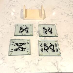 Vintage Southwestern Kokopelli design glass coasters container native x4 90s